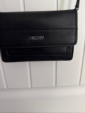 DKNY Black Leather Mini Shoulder Bag with Silver Tone Logo